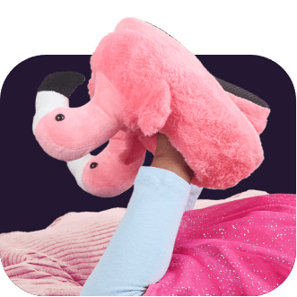 Little kid wearing flamingo slippers