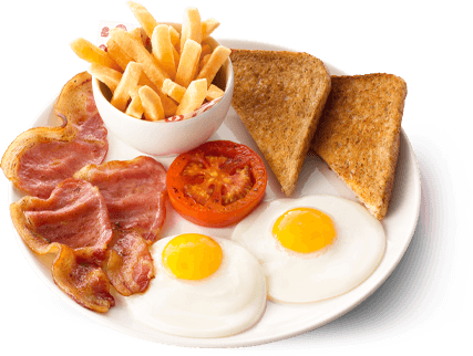 Farmhouse breakfast with bacon, eggs, chips and toast