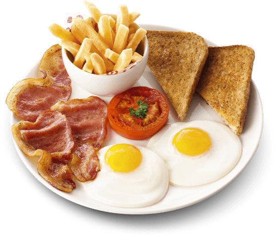 Farmhouse breakfast with bacon, eggs, chips and toast