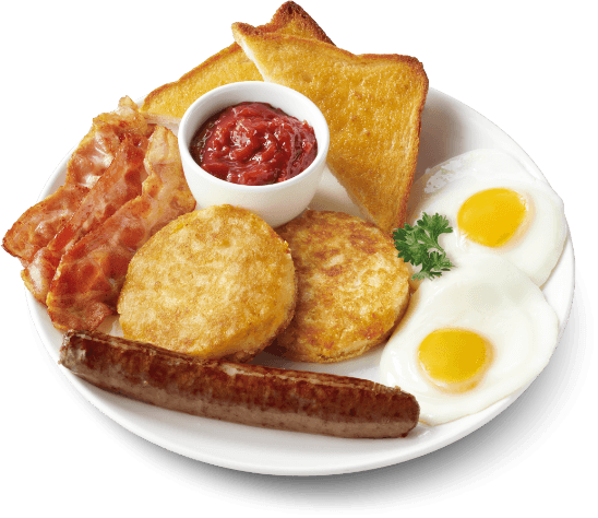 Lekker breakfast with bacon, eggs, boerewors, toast and mielie bread flapjacks