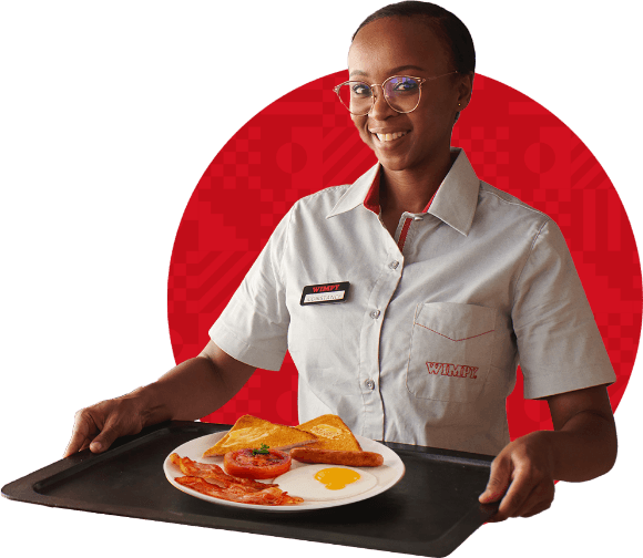 Waitress holding a tray with a plate of breakfast