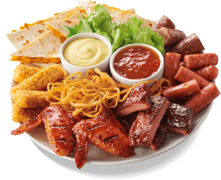 Sharing platter with chicken wings, ribs, crumbed chicken sticks, cheech grillers and boerewors bites