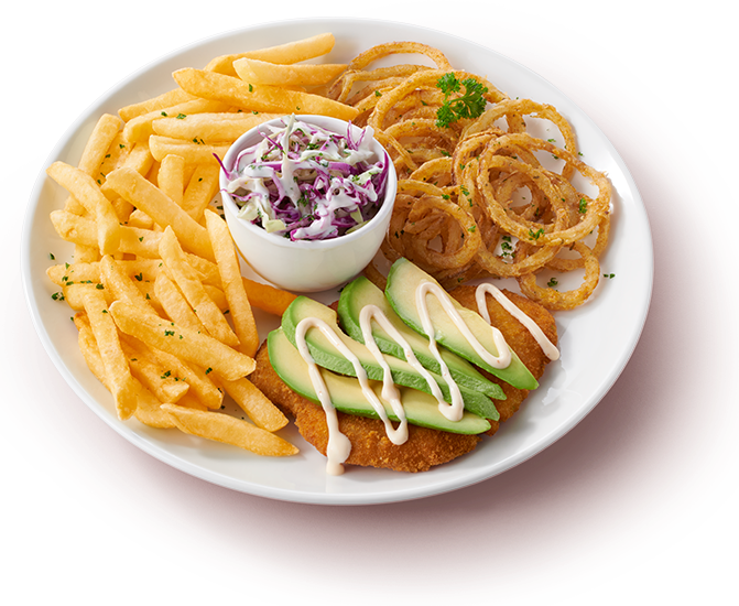 Chicken schnitzel grill with onion rings and chips