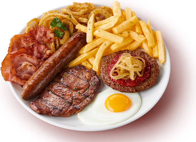 Mixed grill with steak wors, bacon, egg, beef patty, onion rings and chips