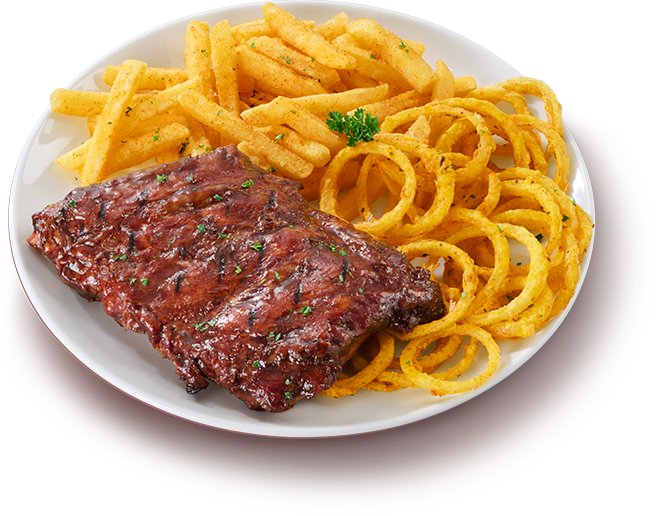Ribs basted in bbq sauce with onion rings and chips