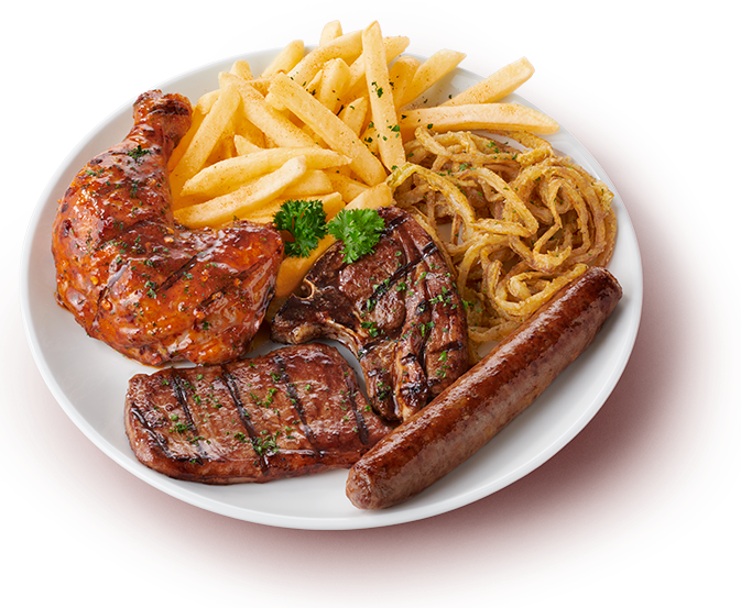 Ultimate meaty feast with steak, lamb chop, word, quarter chicken, onion rings and chips