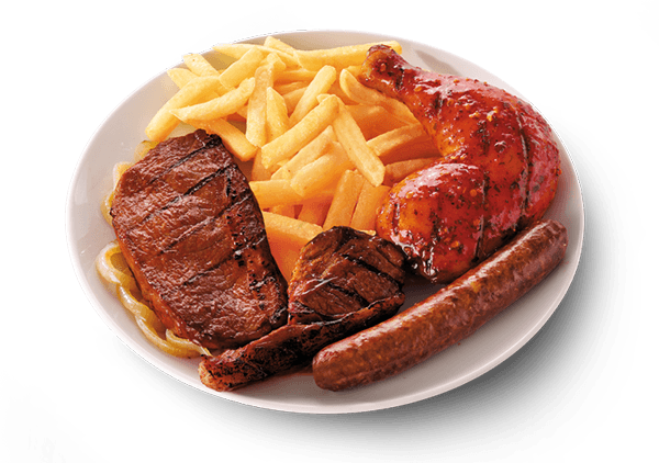 Plate with grilled chicken, steak, chop and wors