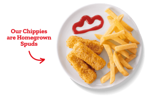 Kids crumbed chicken sticks with chips