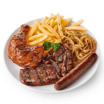 Ultimate meaty feast with ¼ chicken, steak, chop, wors and chips