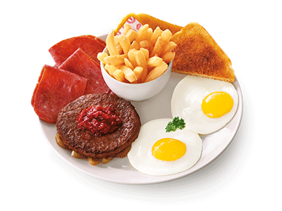 Halaal mega breakfast with smoked beef and egg
