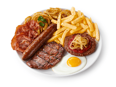 Mixed grill with steak, sausage and beef burger patty