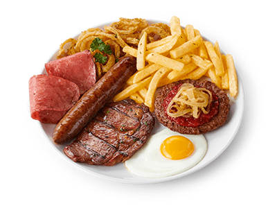 Mixed grill with steak, sausage and beef burger patty