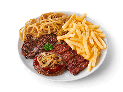 Mixed grill with steak, sausage, beef burger patty, rib patty and chips