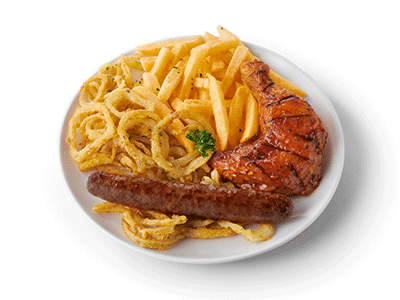 Thrill of the Grill chicken leg, sausage and chips