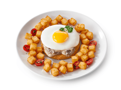 Mushroom veg stack with hasbrown cubes and egg