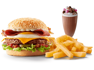 Big Champion burger with chips and a milkshake