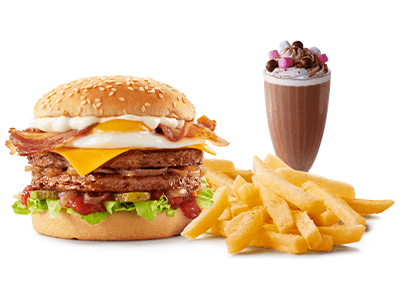Big Champion burger with chips and a milkshake