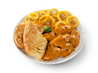 Creamy peri peri chicken livers with onion rings and bread