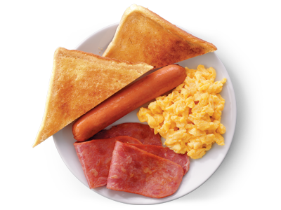 Frankfurter, smoked beef and egg breakfast