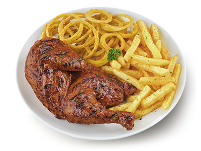 Half chicken with onion rings and chips on a white plate