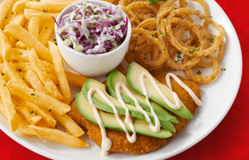 Chicken snitzel with chips and crispy onion rings