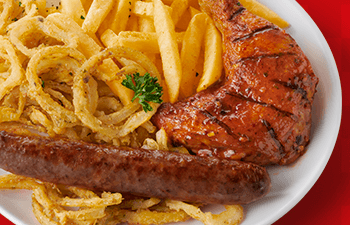 Quarter chicken and wors with crispy onion rings and chips