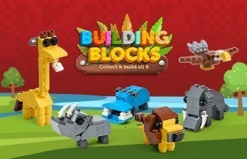 building blocks featuring six different animal figures including a giraffe, hippopotamus, elephant, lion, rhino, and eagle