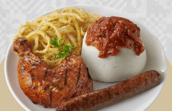 Quarter chicken wors and pap with crispy onion rings