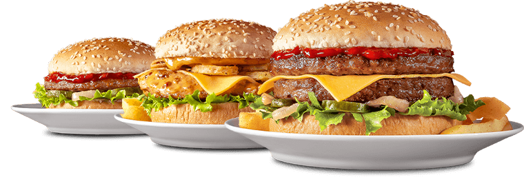 3 Quick Bite Burger specials for lunch on white serving plates
