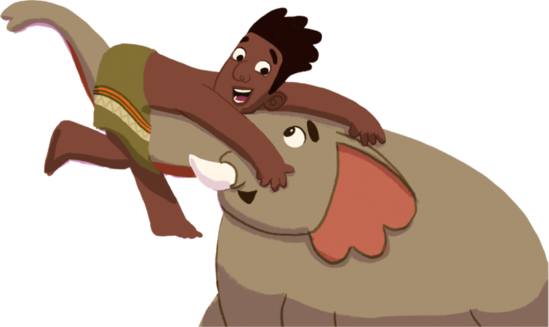 A young boy with an afro lying on top of an elephant trunk.