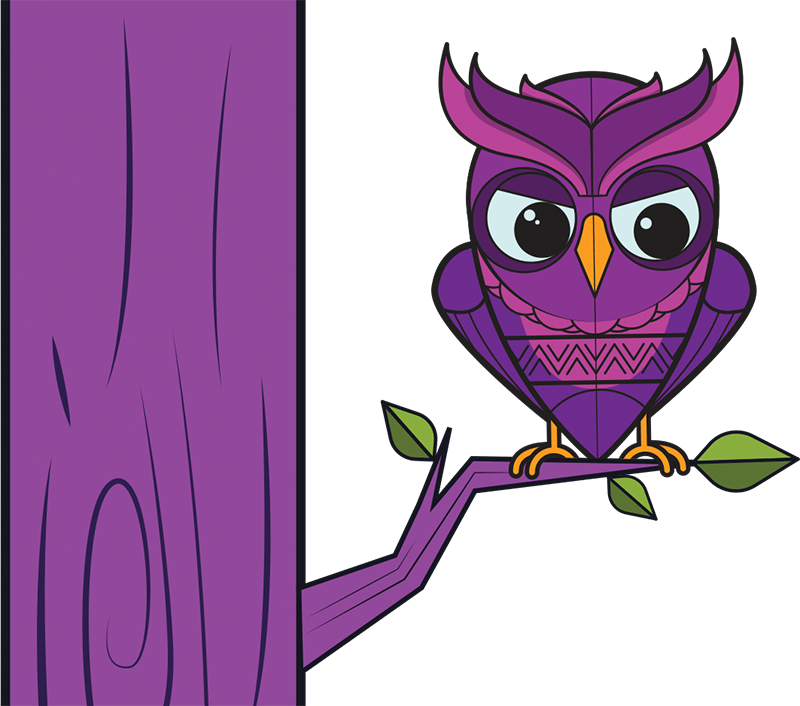 A purple owl on on top of a purple tree branch.