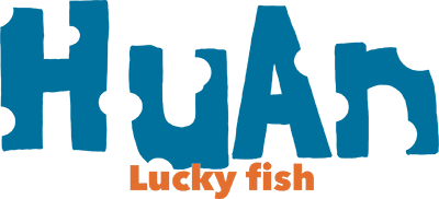 The words Huan Lucky Fish on a blue and orange background against a white background.