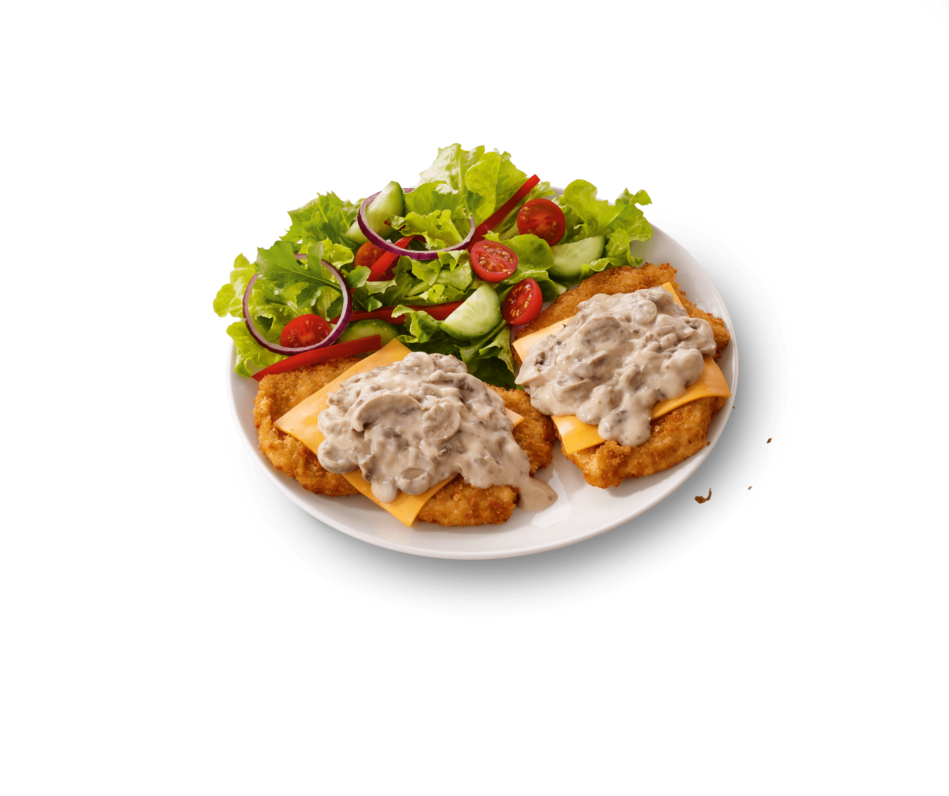 Chicken Schnitzel with a green salad on a white serving plate