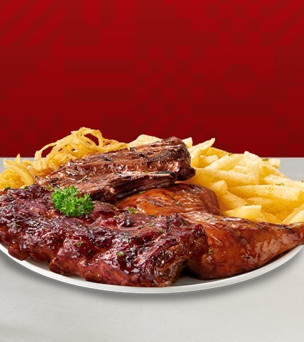 Delicious rack of ribs, steak, chicken quarter with sauce served with chips 