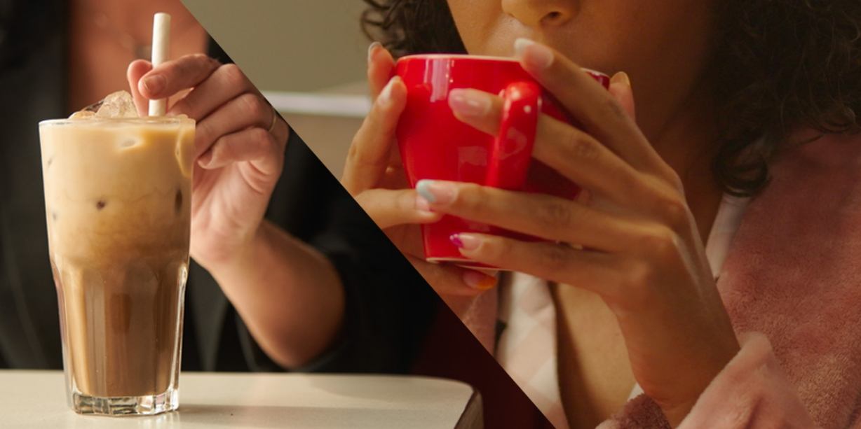 split screen with customers enjoying an iced coffee and another enjoying a warm drink