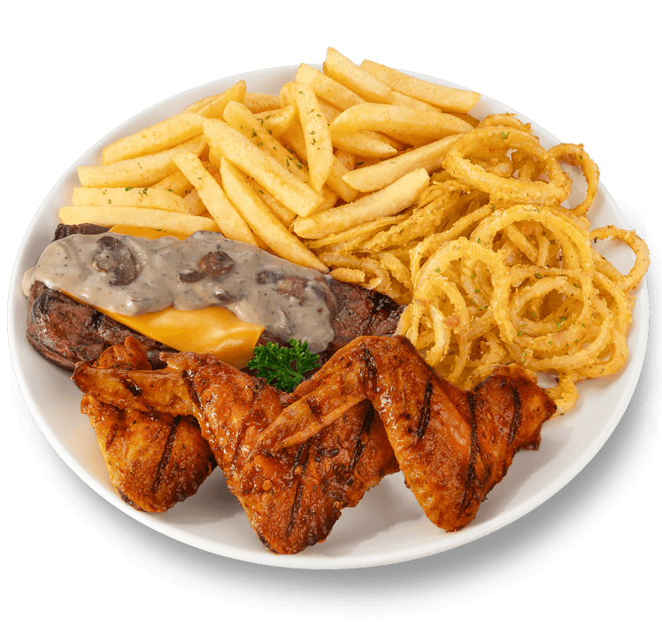 Grilled sirloin steak with cheese and mushroom sauce served with chicken wings