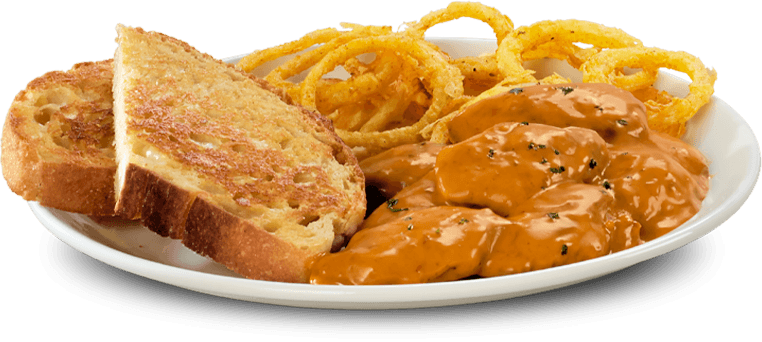 Creamy peri-peri chicken livers with crispy onion rings and toast