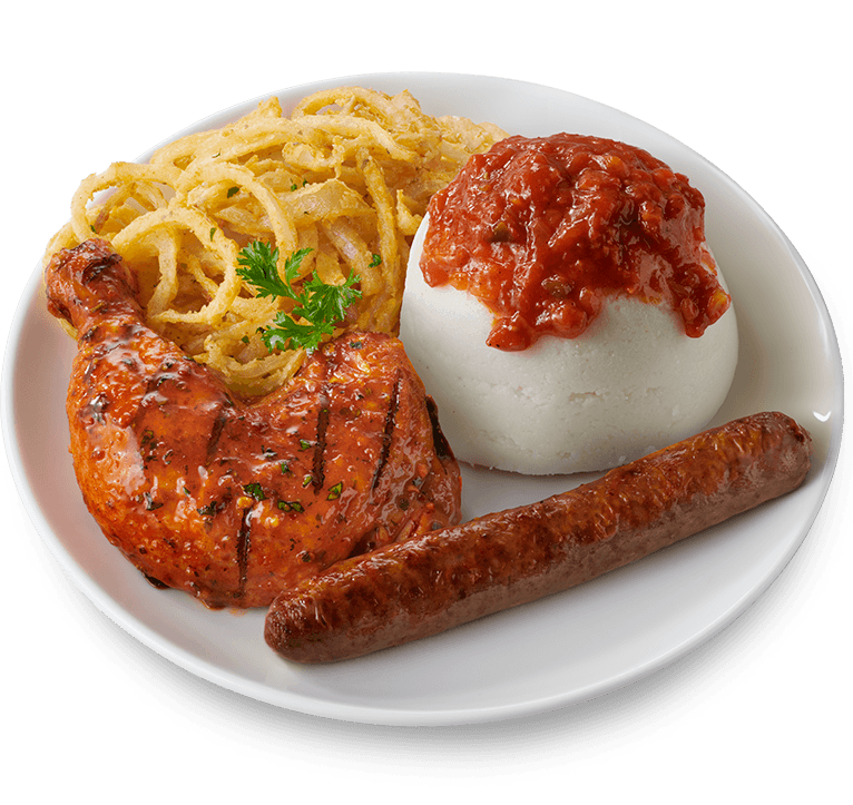 Grilled beef boerewors and quarter chicken with peri-peri basting