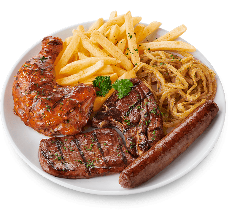 Ultimate meaty feast with sirloin steak, lamb chop, boerewors and quarter chicken