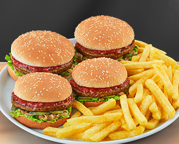 Family burger meal - four burgers with chips