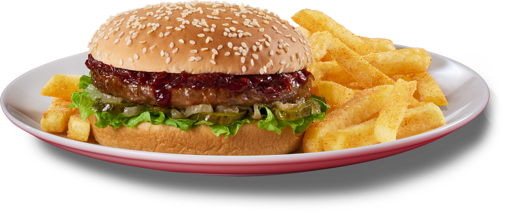 Classic hamburger with a sesame seed bun, a saucy patty, fresh lettuce, and pickles, accompanied by chips