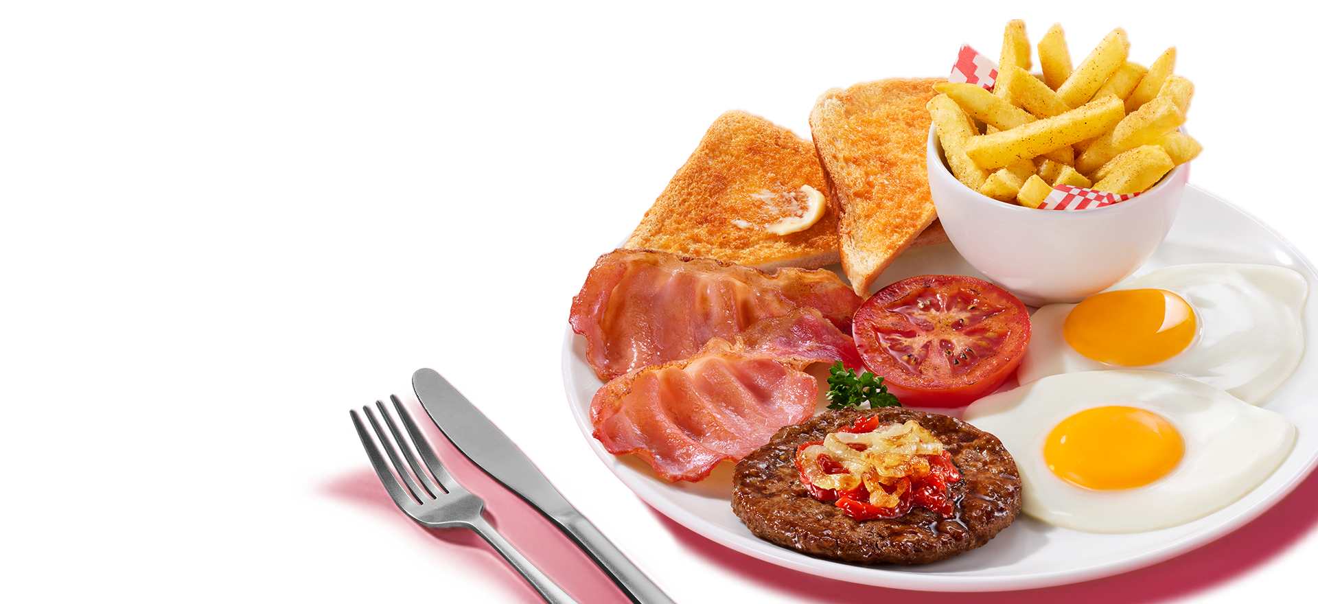 Wimpy Full Breakfast with eggs, bacon, toast, beef patty and chips served at Wimpy South Africa