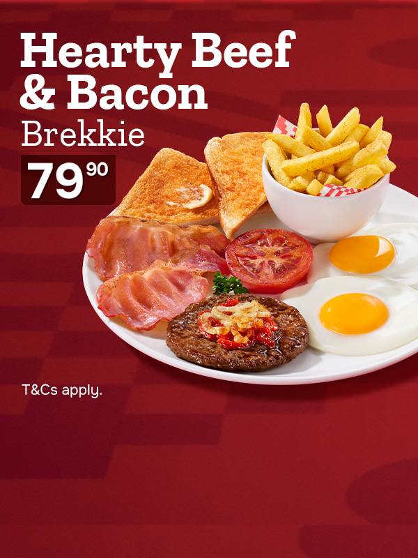 Wimpy Full Breakfast with eggs, bacon, toast, beef patty and chips served at Wimpy South Africa